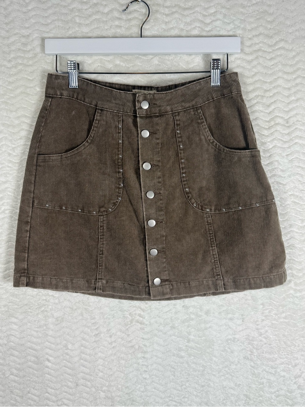 Chelsea & Violet Brown/Dark Green Corduroy Button-Front Mini Skirt